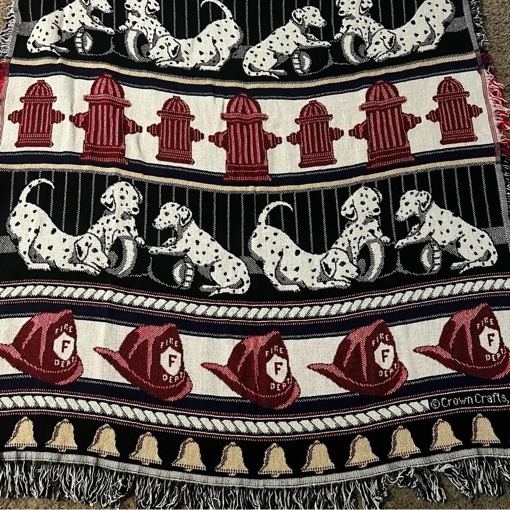 Vintage Crown Crafts Firefighter Fireman Dalmation Dogs Tapestry Blanket Throw